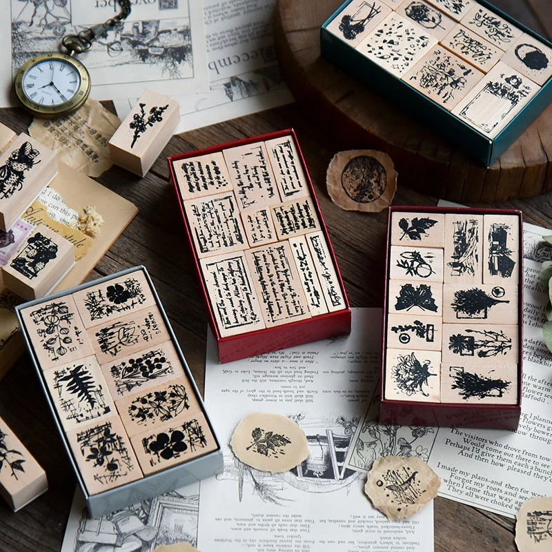 Yoofun Vintage Plants Letters Space Chinese Characters Garden DIY Wooden Rubber Stamp Scrapbooking Bullet Journaling Stamp Set afbeelding