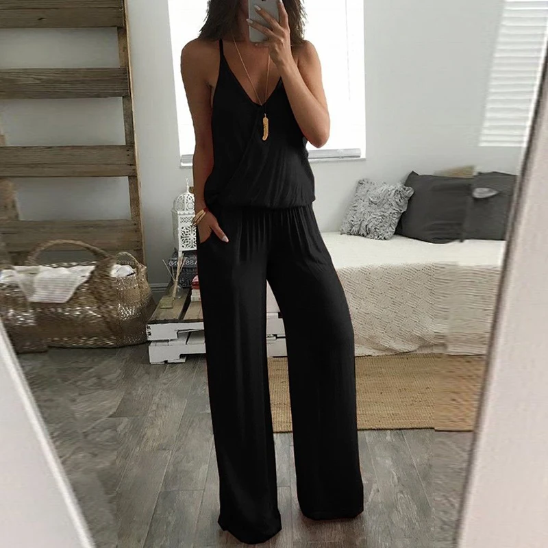 

2019 Ladies Wide Leg Pants Playsuit Romper Black Blue Red Popular Playsuit Womens Solid Casual Loose Sleeveless V Neck Jumpsuit