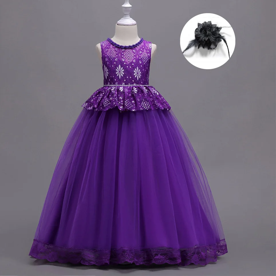 Праздничная одежда для девочек-подростков длинное бальное платье с цветочным кружевом для девочек детское платье принцессы мятного, зеленого, красного, розового, желтого цвета - Цвет: pearl purple
