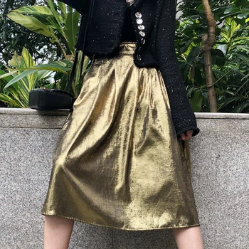 

LANMREM 2020 autumn New Golden Drape Texture Heavy Work Side Zipper Temperament High Waist Pleated Skirt Female PB880