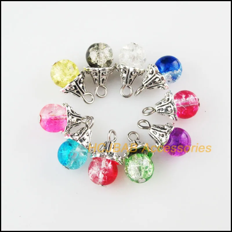

20 New Horn Charms Mixed Round Glass Beads Pendants Tibetan Silver Tone Flower 9x16mm