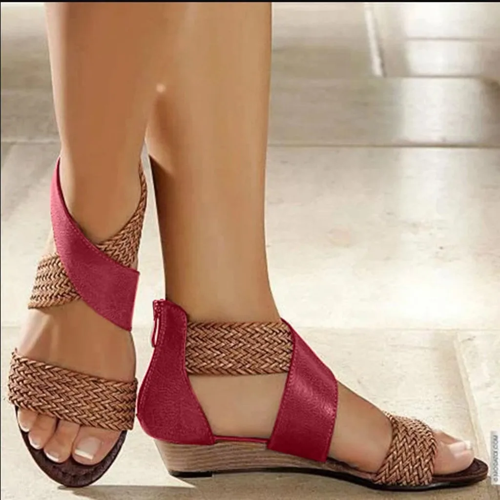 H2e3a8e4b0a5d4c87bded88cc6ae514efE Fashion New Fish Mouth Leather Canvas Women Weave Wedge Heel Shoes Zipper Sandals Casual Beach Sandals Roman Shoes