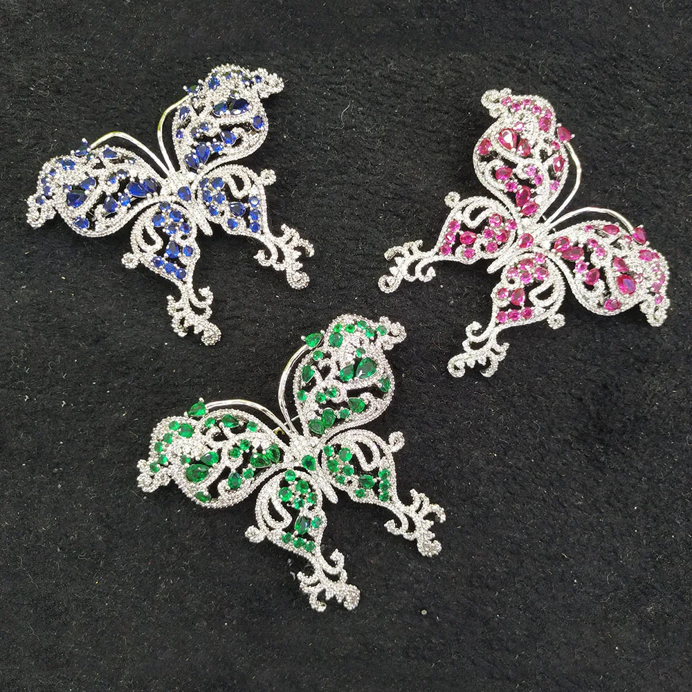 

70X57mm Women's High Quality White gold plated Mixed Color Cz micro butterfly brooch