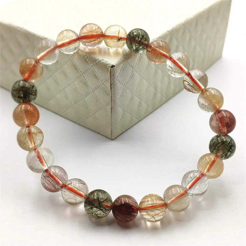 

8mm Natural Colorful Rutilated Quartz Crystal Gold Red Green Copper Bracelet Women Love Gift Round Beads Stone Jewelry AAAAA