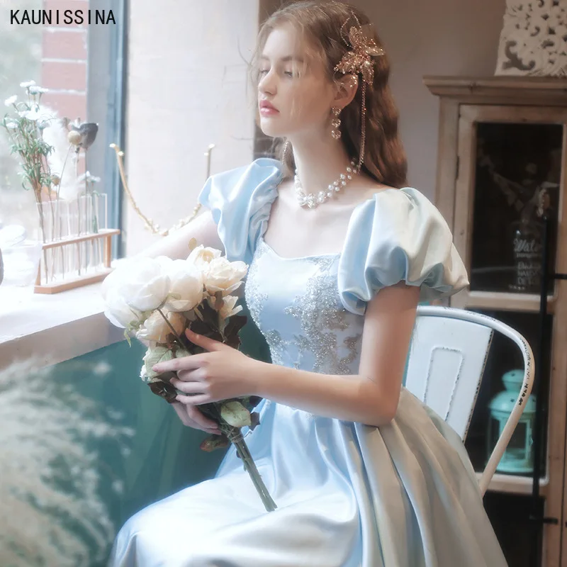 

KAUNISSINA синие вечерние платья День рождения платье с квадратным воротником и рукавами, элегантное платье-трапеция, платья для выпускного вечера длинное платье Vestidos Elegantes