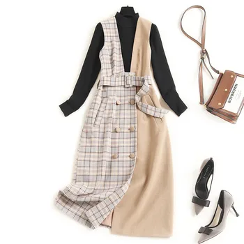 

High Fashion Autumn Winter Dresses for Women 2020 New Long Sleeve Pullover Knitted Top and Plaid Dress 2 piece Sets