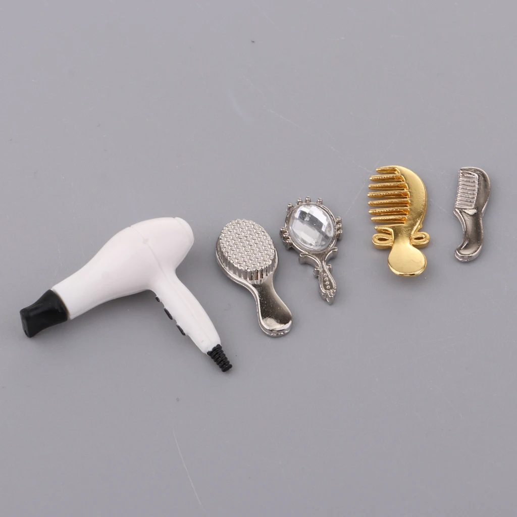 5 Pieces Handmade Doll Hair Care Accessories Comb Mirror Hair Dryer Set for 1/12 Dollhouse