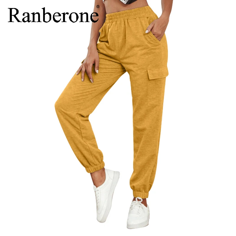 

Ranberone High Waist Women's Pants Casual Loose Full Length Trousers Woman Fitness Sports Tights Fashion Stretch Streetwear 2020