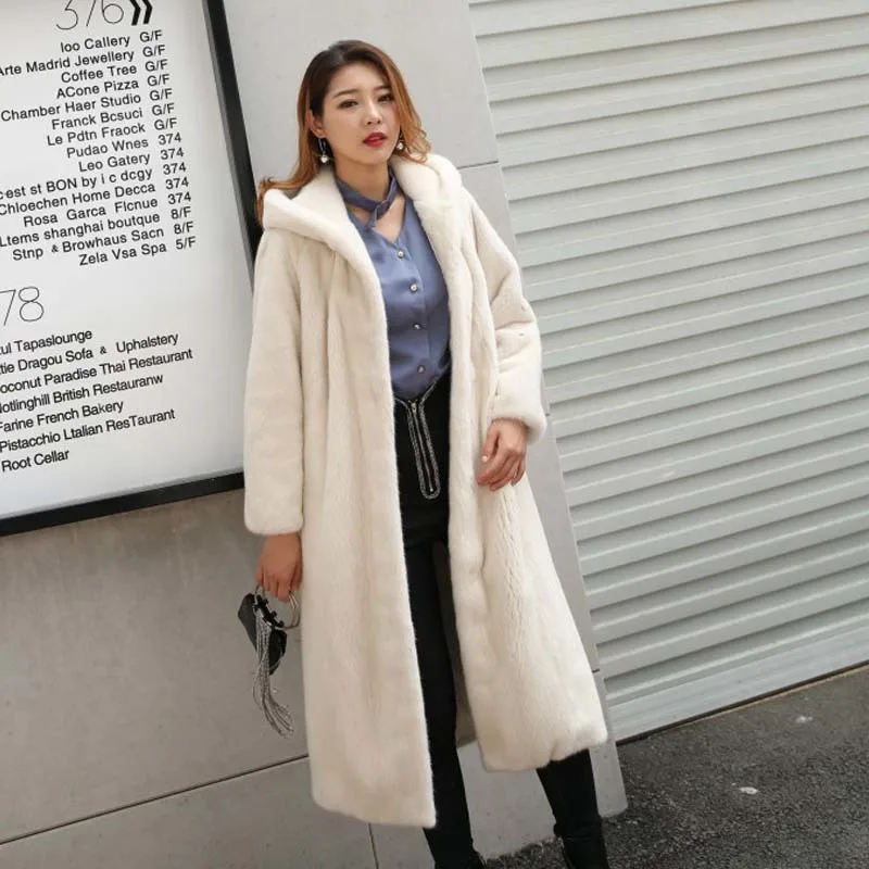 

new winter 2020 XL mink fur over the knee coat female imitation mink hooded fur coat foreign style