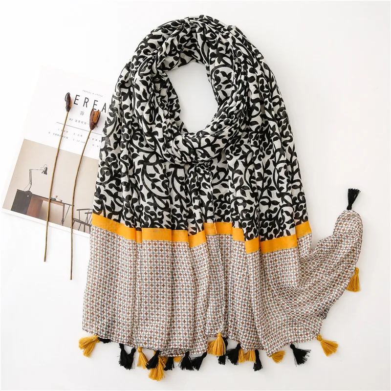 Женский черно-белый шарф на голову с геометрическим узором для женщин, офисный осенне-весенний шикарный стильный длинный дизайнерский шарф