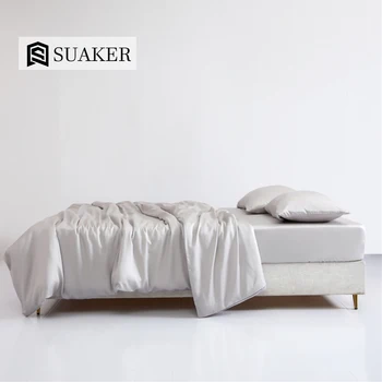 

Suaker Light Gray 100% Silk Bedding Set Beauty 6A Grade Silk Queen King Quilt Cover Flat Sheet Fitted Sheet Pillowcase For Sleep