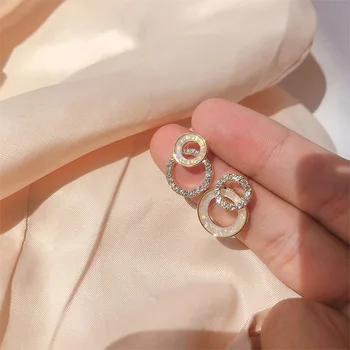 2021 Korean Simple Double Circle Gold Color Metal Rhinestone Drop Earrings For Women Fashion Small Pendientes Jewelry Gifts