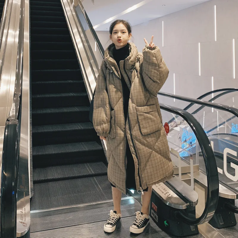 

2019 Winter Cotton-padded Clothes Women's Mid-length Thick Warm Cotton Coat Plaid hua bao ling Cotton Overcoat