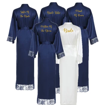 

2020 Long Silk Satin Robe Bridesmaid Robes w/ Lace Trim Robe Bridal Wedding Robe Sleepwear Bathrobe Long Gowns for Women Blue