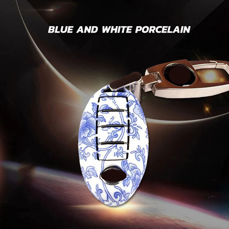 Blue porcelain 1 шт. модный ABS Камуфляж для автомобиля чехол для ключей дистанционный ключ дистанционного управления чехол Fob Shell чехол для Nissan - Название цвета: Blue porcelain