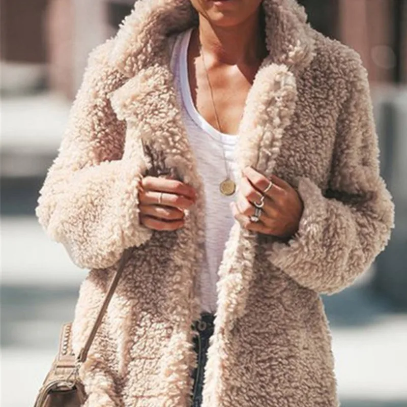 

Autumn Winter Coat For Women Loose Winter Solid Color Lapel Casual Pocket Long Sleeve Warm Cashmere Wool Coat