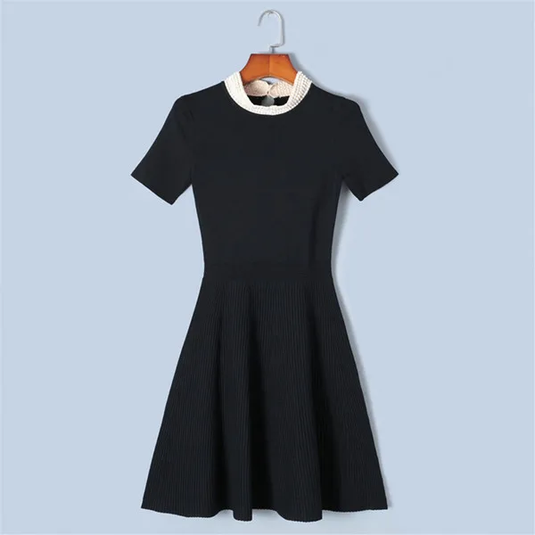 Tunjuefs/Облегающее вязаное платье с жемчугом и бусинами, женское элегантное облегающее платье с разрезом на спине, женские пуловеры, джемпер с коротким рукавом - Цвет: Black