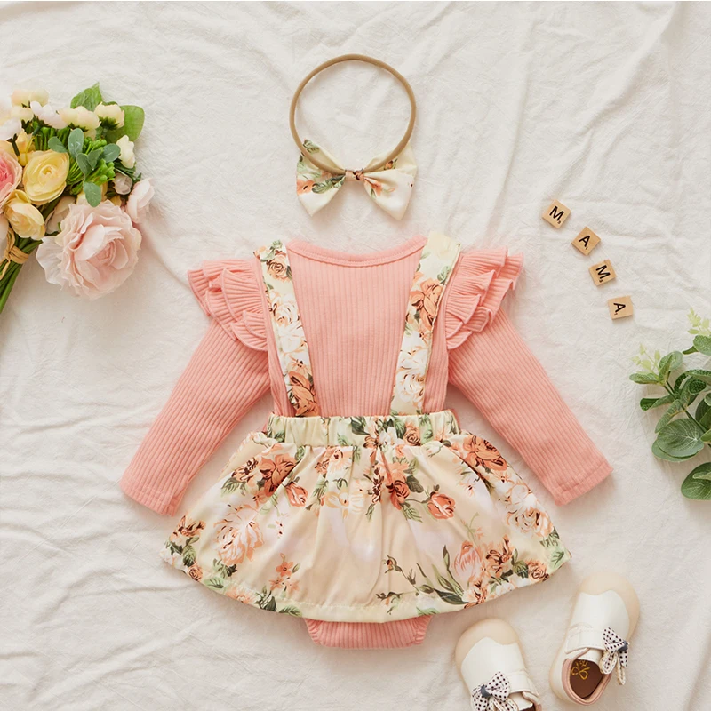 Baby Clothing Set for girl Newborn Baby Girl Floral Dresses 3Pcs Outfits New Knitted Long Sleeve Jumpsuit+Sweet Kids Bow Dress+Headband Baby Sets Clothing baby clothing set long sleeve	