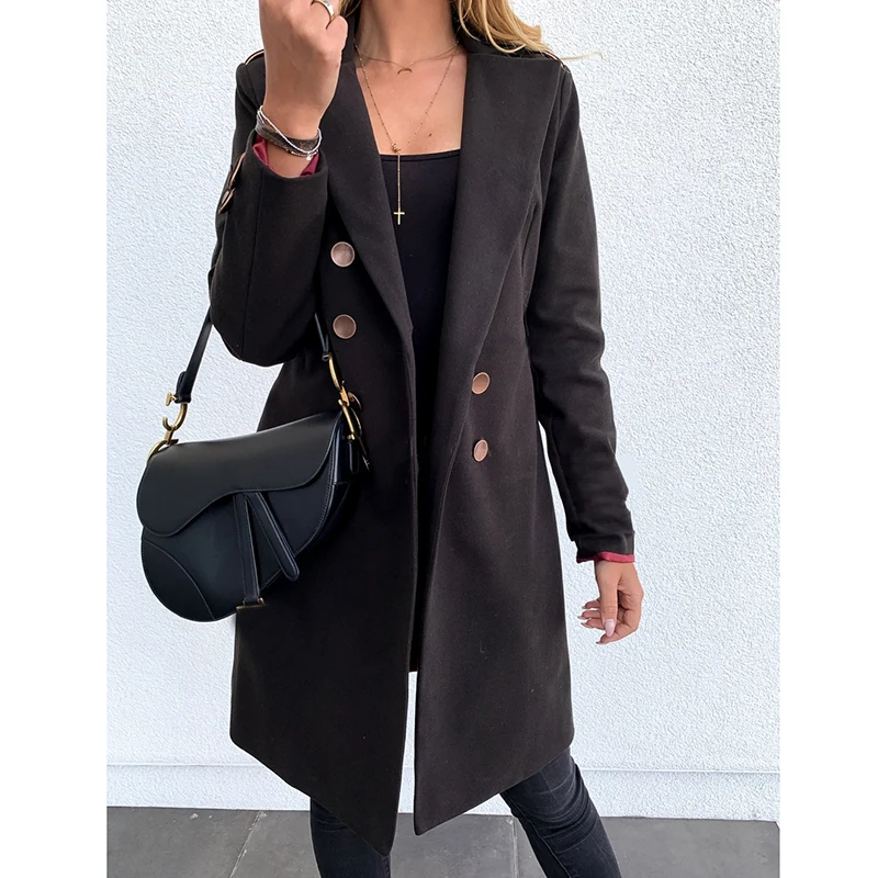 Autumn Woolen Jacket Office Lady Turn-Down Collar Overcoat Slim Winter Wool Blends Oversize 3XL Women Long Coat Outerwear G1048 - Цвет: Black