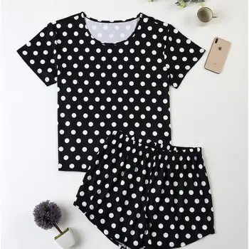 

Women's Printed Dots Short-Sleeved Round Neck Tops T-shirt Elastic Shorts Ladies Home Pajama Set Loose Nightwear Sleepwear