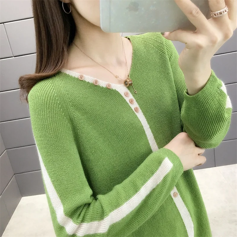 

5367 (Zhongfang Row 1, Row 2) Autumn New V-neck Fit-up, Coloured Button, Rachel Sleeve Women's Knitted sweater52ff