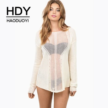 

HDY Haoduoyi Autumn Pullover Sexy Fashion Front And Rear Perspective Hollow Wild Knitting Jumper Knitted Female Sweater