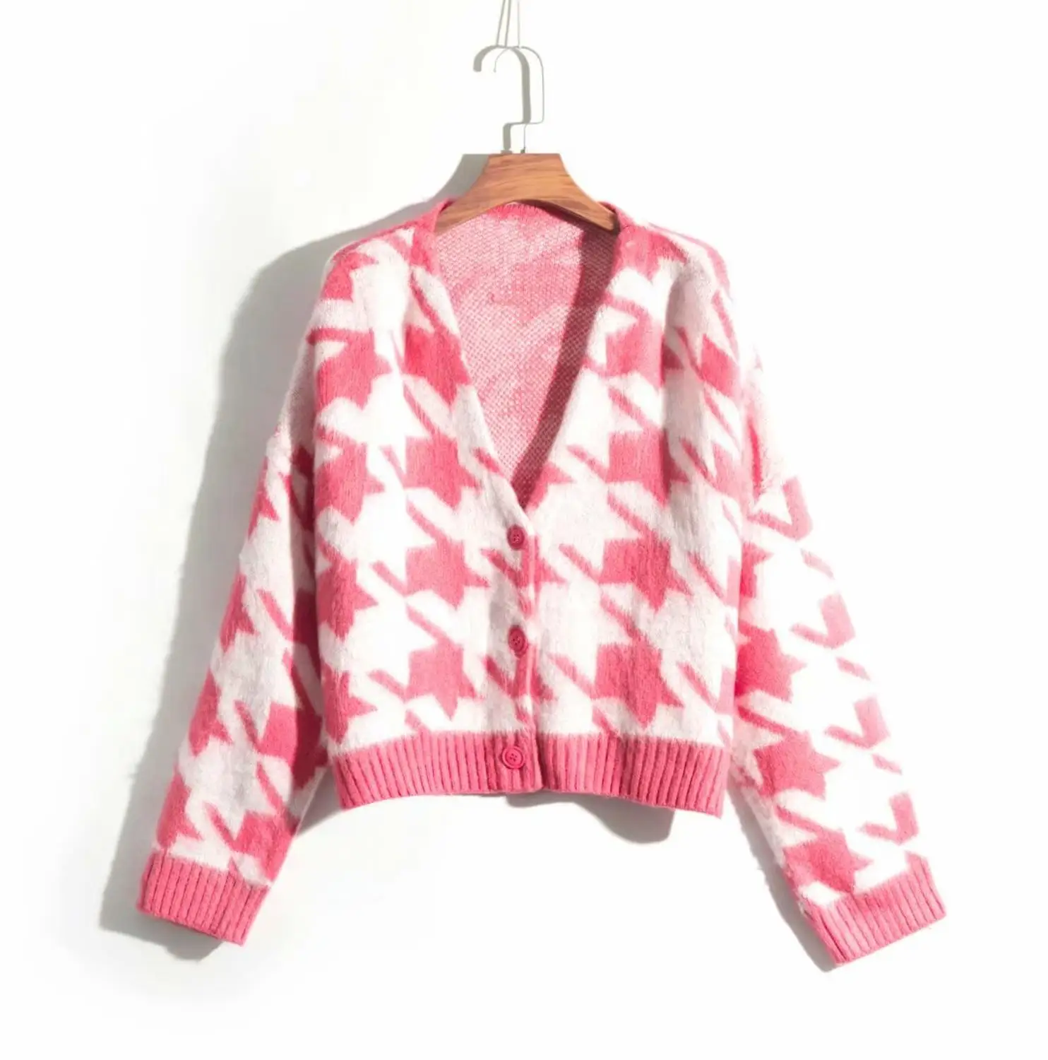 N376 pink F0691 Bazaleas в стиле панк, СВОБОДНЫЙ Модный вязаный кардиган, розовый геометрический женский свитер с v-образным вырезом, теплый Рождественский свитер - Цвет: N376 pink F0691
