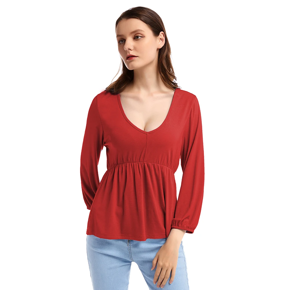 Kureas, трикотажная футболка с оборками, женская, осенняя, элегантная, рукав три четверти, высокая эластичность, топы, сексуальные, v-образный вырез, повседневная, для офиса, для девушек, зима