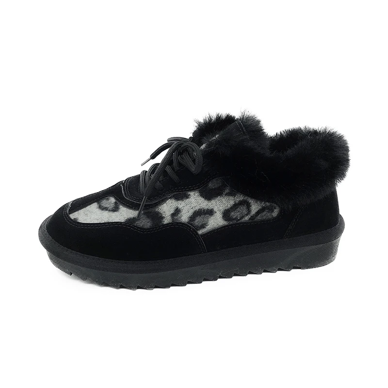 Обувь Женская замшевая плюшевая леопардовая обувь на плоской подошве со шнуровкой на меху осенне-зимние теплые Нескользящие черные женские кроссовки на платформе