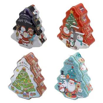 

4Pcs Christmas Tinplate Gift Boxes Xmas Tree Shape Candy Boxes Gift Wrapping Cookie Box Storage Container Decorative Box