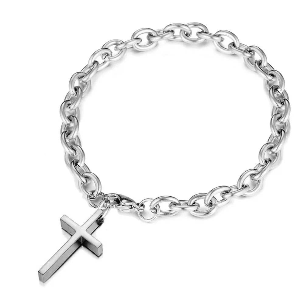 Новинка 316L пластина из нержавеющей стали христианский крест браслеты для женщин и мужчин золото серебро цвет цепи католический браслет - Окраска металла: Silver  Color