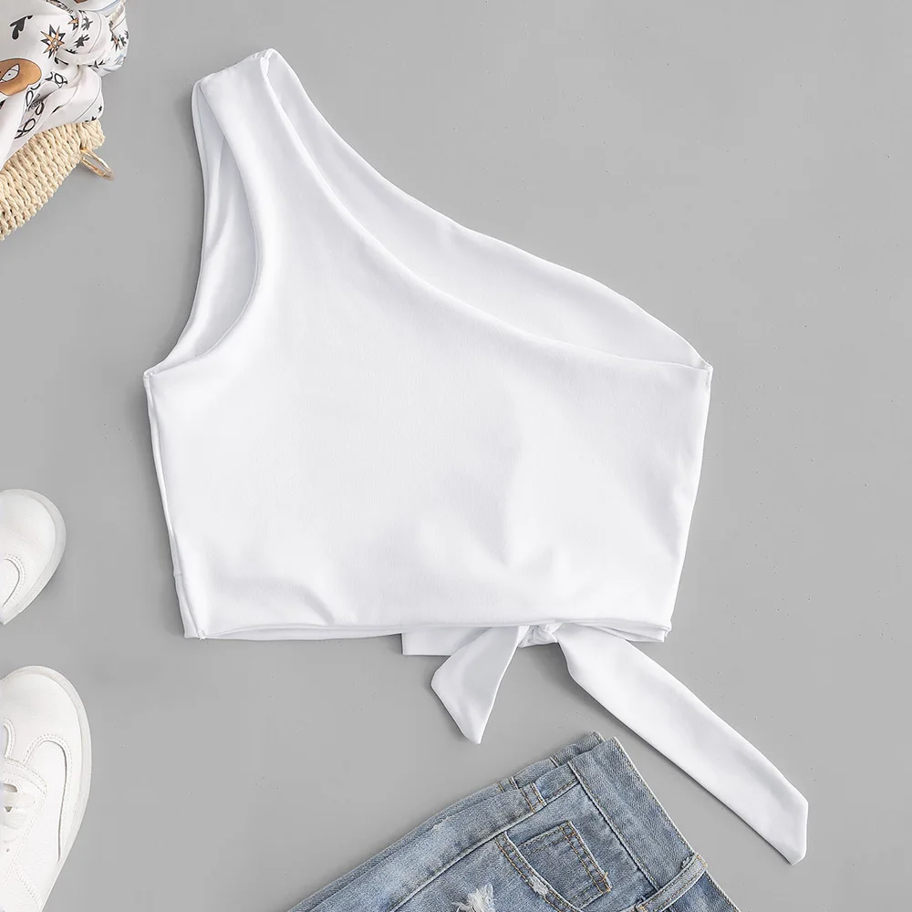 ZAFUL, однотонная майка с круглым вырезом на одно плечо, женская повседневная короткая рубашка, галстук, сексуальные топы, летняя шикарная Женская одежда, уличная одежда