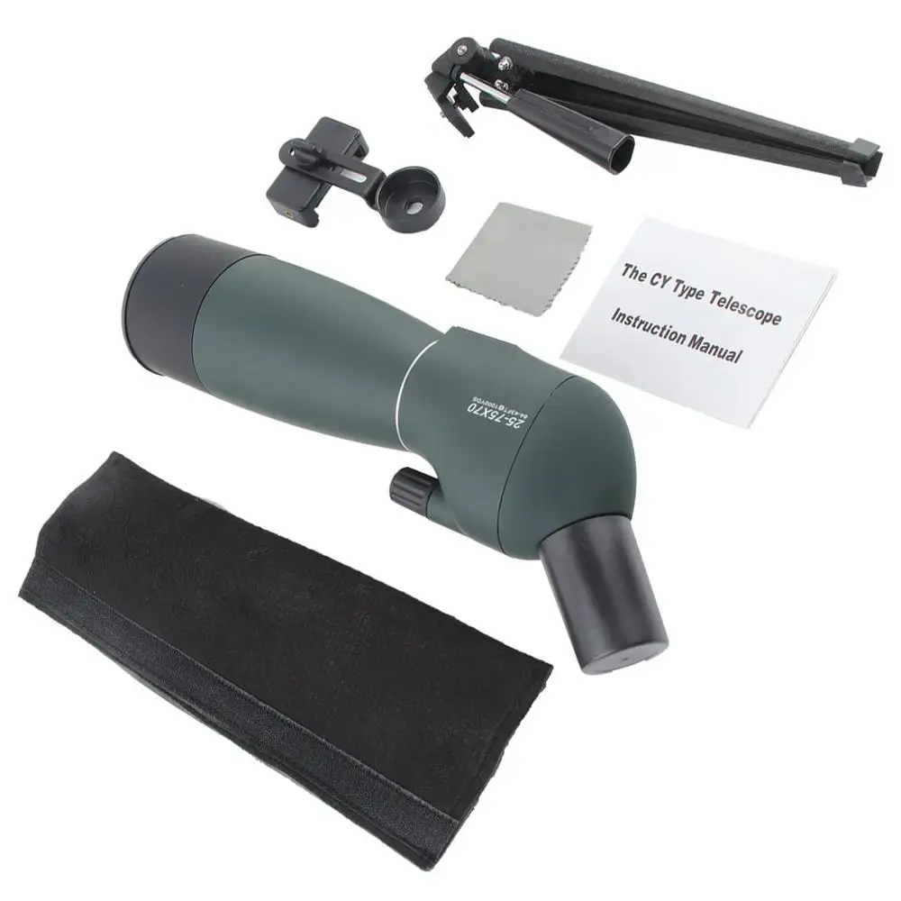 

25-75*70 Angled Spotting Scope Zoom Lens Waterproof With Tripod Phone Adapter High Definition Night Vision Watching Telescope