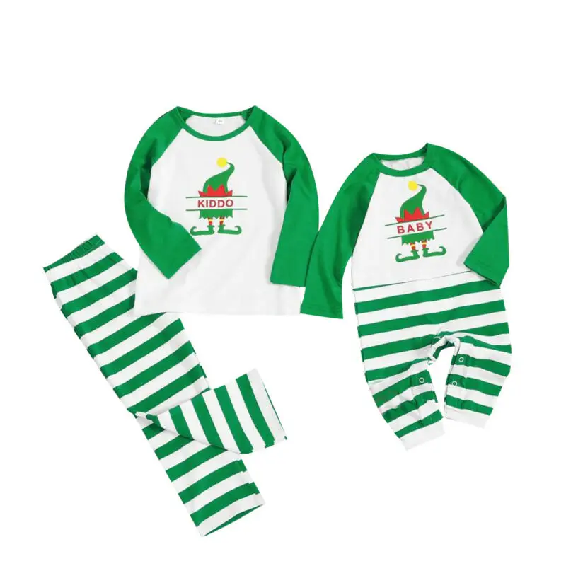 Одинаковые комплекты одежды для семьи; коллекция года; пижамный комплект с рождественским эльфом для мамы и дочки; одежда для сна в зеленую полоску с длинными рукавами для малышей