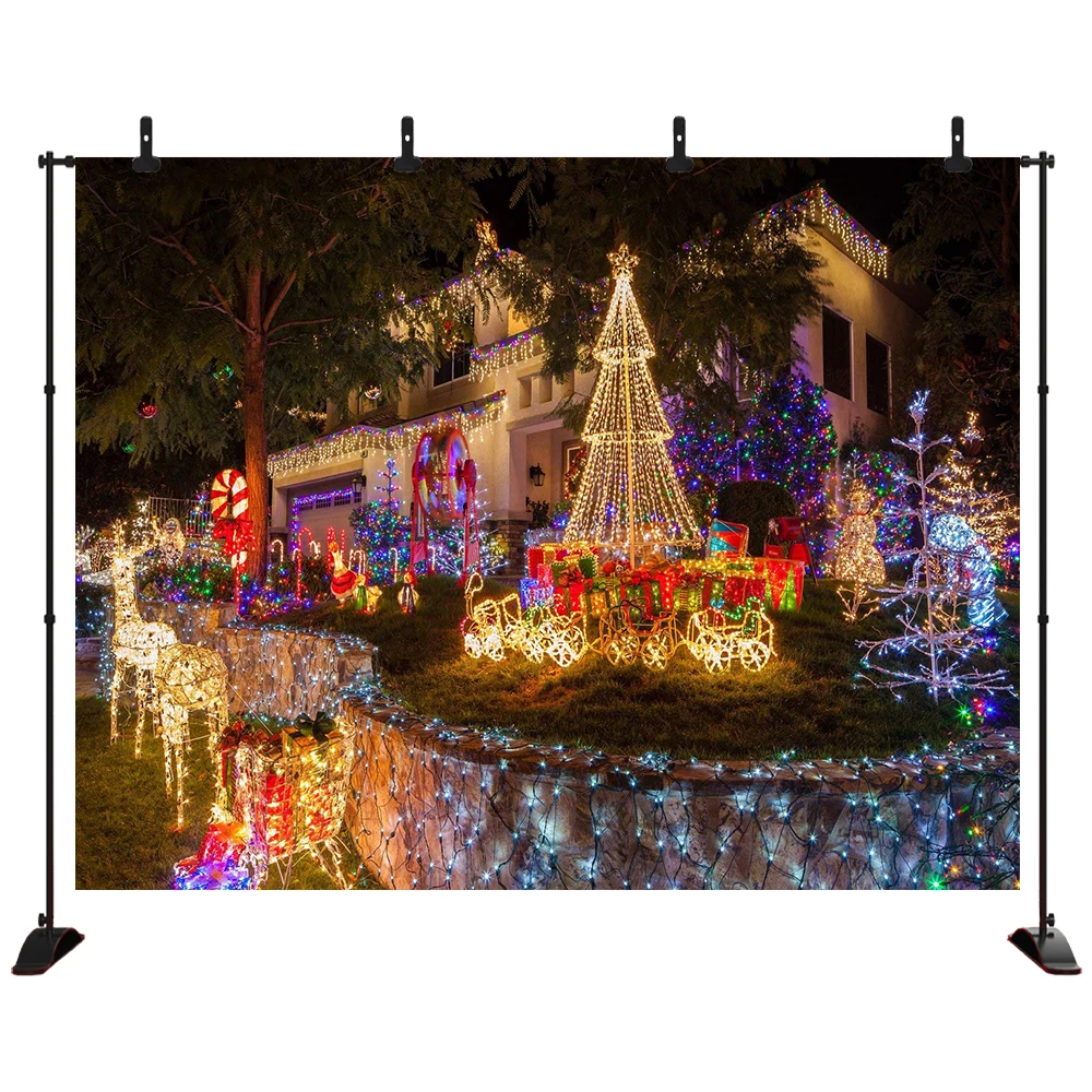 

Christmas Backdrop SChristmas tree reindeer snowman sleigh composed of colorful lights Backdrops Party Decoration Background