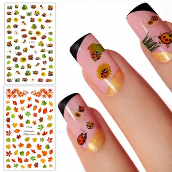 

New Full Wraps 3D Nails Decals Autumn Theme Nail Sliders Tips Maple Leaf Flower Ladybug Pattern Sticker Nail Art Decoration