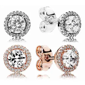 

New 925 Sterling Silver Earring Classic Elegance With Clear Crystal Stud Earrings For Women Wedding Gift Fine Pandora Jewelry