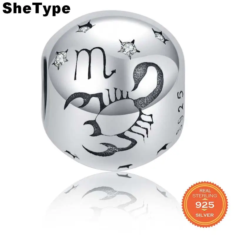 

SheType 2.8g Water Sign Constellation Round Beads for Women Jewelry Making Scoripo Clear Star Charm 925 Solid Sterling Silver