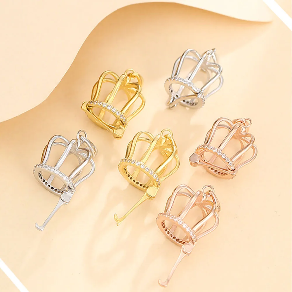 925 Sterling Silver CZ Mount Pendant Pearl Crown Cage Setting Blank Pave Locket Dangle Charm for Handmade Necklace for Women