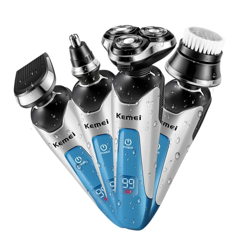 

Kemei 4 In 1 Men Fast Charging Floating 3 Heads IPX7 Waterproof All Body Washable Shaver Set LCD Display Beard Nose Hair Trimmer