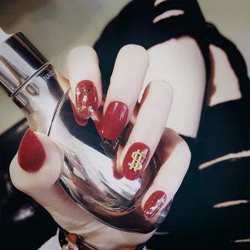 

24pcs/box Manicure Finished Product fake nail tips Dollar Pattern Gold Foil Red Short Round Head 3D acrylic for nails with glue