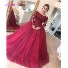 Бургундия Выпускные платья бальное платье с открытыми плечами с длинными рукавами кружевные цветы сладкий 16 размера плюс Бальные вечерние платья
