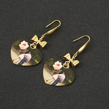 Custom Photo Earrings Personalize Bowknot Round Gold Name Stylish Earrings for Women Girls Valentine's Day Jewelry Gift