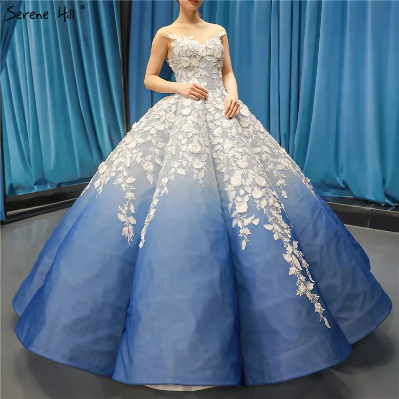 Blue Gradation Handcrafted Flowers Wedding Dresses O-Neck Sleeveless Lace Up Bridal Gowns Serene Hill Custom Made C66698