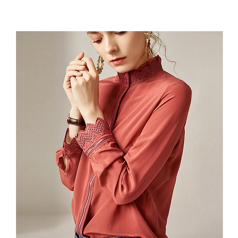 Шелковая Блуза женская рубашка Простой дизайн кружевная Вышивка О-образный вырез с длинными рукавами 2 цвета полупрозрачная ткань Повседневная модная верхняя одежда