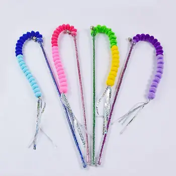 

Durable Pet Cat Toys Colorful Soft Teaser Wand Long Kitten Teasing Rod Plush Cute Worm Balls Cat Sticker Interactive Wand