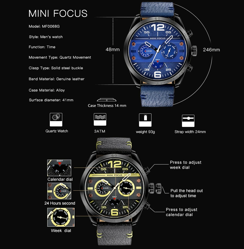 Модные спортивные кварцевые часы MINI FOCUS мужские с кожаным ремешком 3 циферблата 6