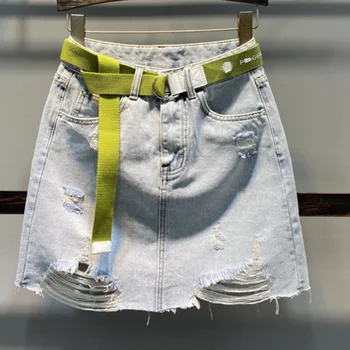 

2020 summer new casual high waist denm skirt women light color hole package hip mini jeans skirt