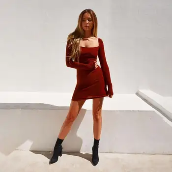 

2020 autumn and winter sexy long-sleeved threaded square neck slim dress