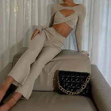 

Casual Pants Suit Rib Knit 2-piece Set Round Neck Long-sleeved Women's Autumn Suit Matching Suit Bag Hip Straight Flared Pants